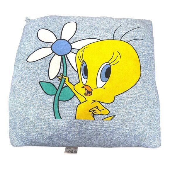 Vintage Looney Tunes Tweety Bird Stuffed Throw Pillow 1999 Warner Bro Jean Denim - Picture 1 of 7